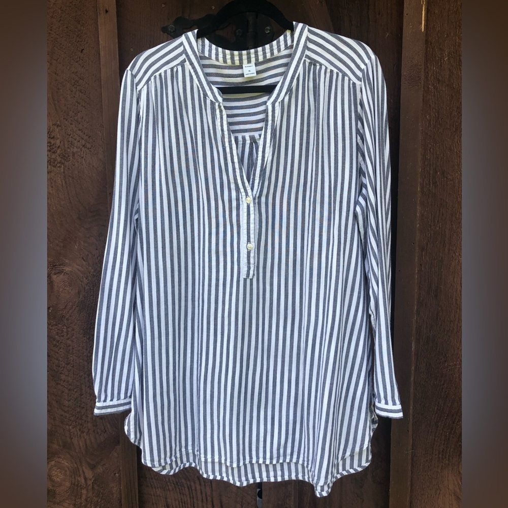 Old Navy Blue and White Striped Relaxed Mandarin Collar Tunic